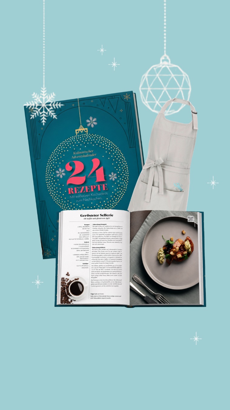 Adventskalender-Buch, aufgeschlagene Rezeptseite und Kochschürze